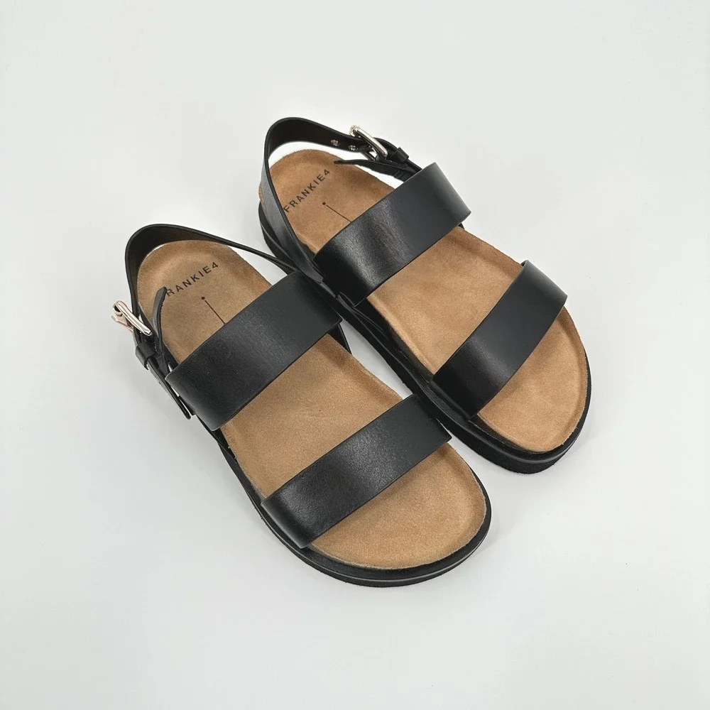 Frankie4 Hunter Black Leather Platform Sandals Womens‎ 7 Cork Footbed NWOB